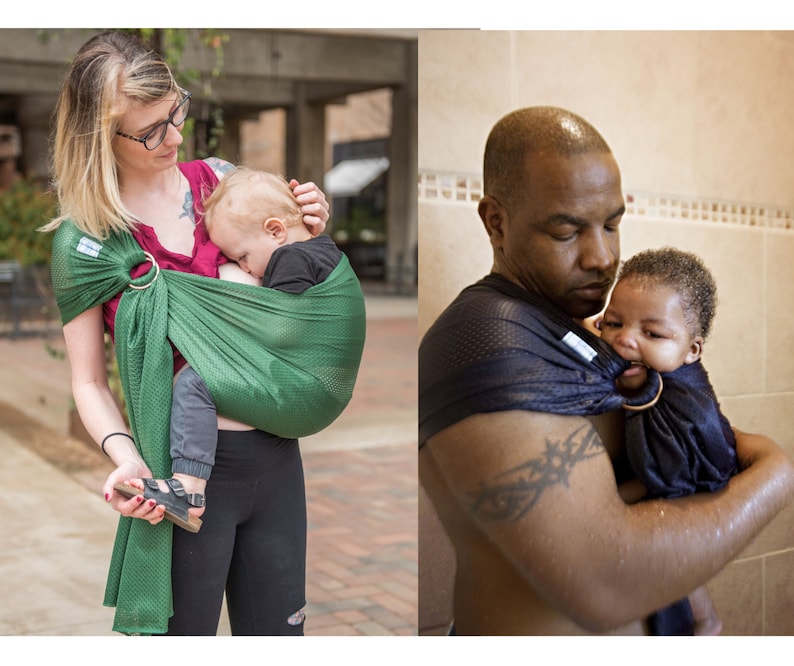 Puede incluir: Dos im&aacute;genes muestran a padres usando portabeb&eacute;s. Un portabeb&eacute;s es verde oscuro, el otro es azul marino. Ambos portabeb&eacute;s tienen un anillo y est&aacute;n hechos de un material de malla. Los portabeb&eacute;s se utilizan para sujetar a los beb&eacute;s.