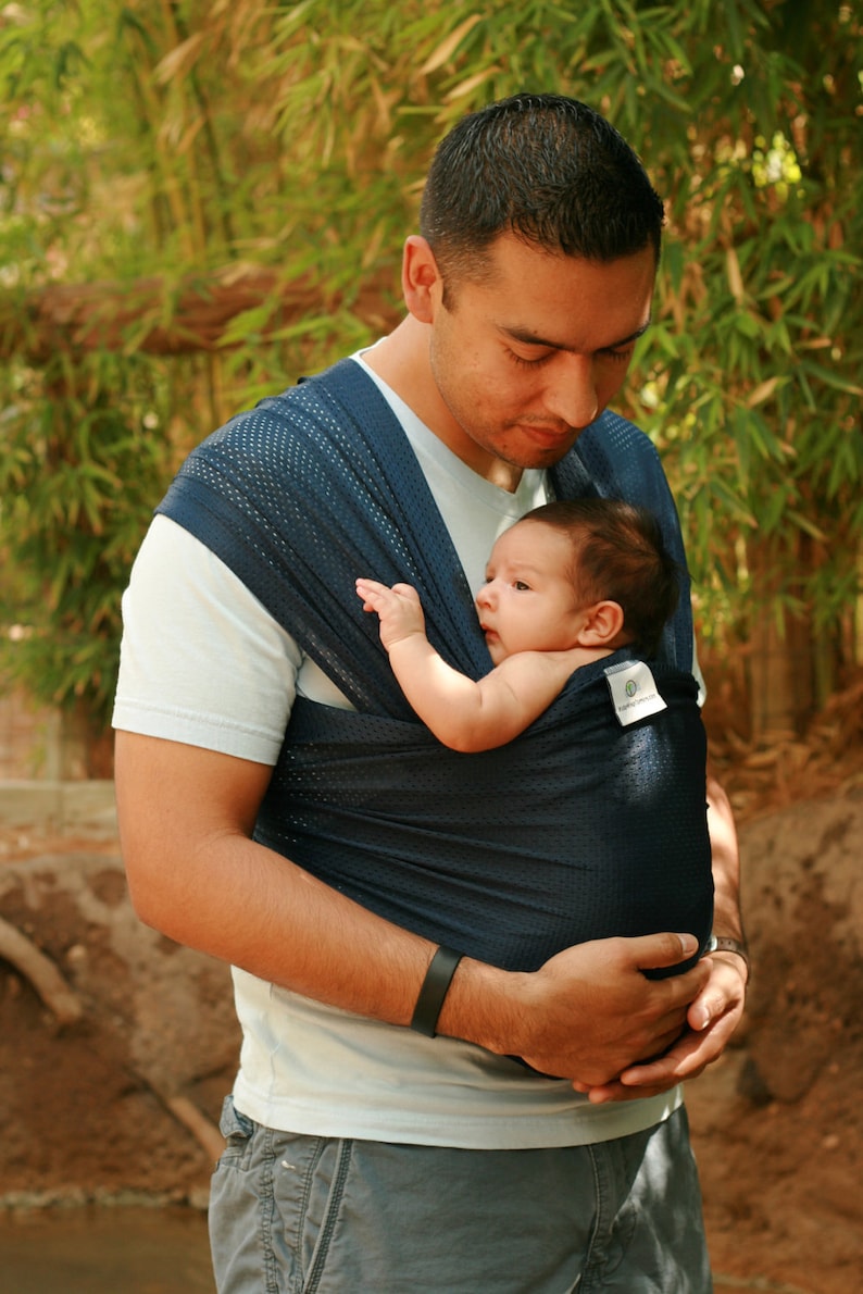 USA made Beachfront Baby Wrap Carrier SAFE water babywearing at the beach, pool, water park or in the shower Navy Blue Mesh image 4