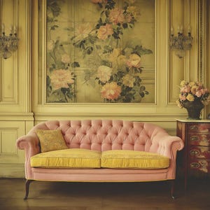 May include: A pink tufted sofa with yellow cushions and a decorative pillow sits in front of a floral mural. A small antique chest of drawers and a vase of flowers are to the right. The room has a vintage aesthetic.