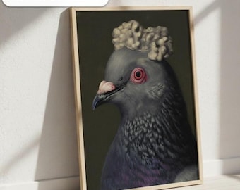 Absurd Pigeon Art Print – Regal Whimsical Wall Art – Quirky Modern Folk Digital download