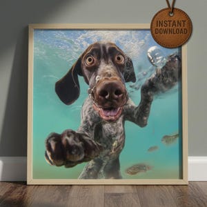 May include: A framed print featuring a close-up, underwater shot of a German Shorthaired Pointer dog. The dog has brown and white spotted fur, with a wide-eyed expression and open mouth. The background is a turquoise blue, with bubbles and small fish.