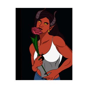 May include: Illustration of a red-skinned figure with horns, yellow eyes, and dark hair, wearing a white top and blue jeans, holding a pink rose. The background is black, and the figure has gold earrings.