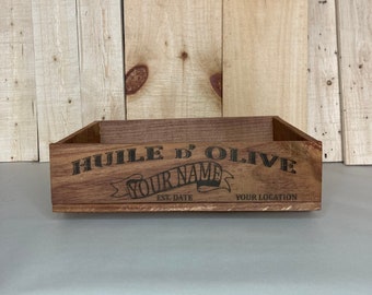 Personalized Olive Oil crate, wood box, pine lumber, kitchen crate, gift box, laser engraved