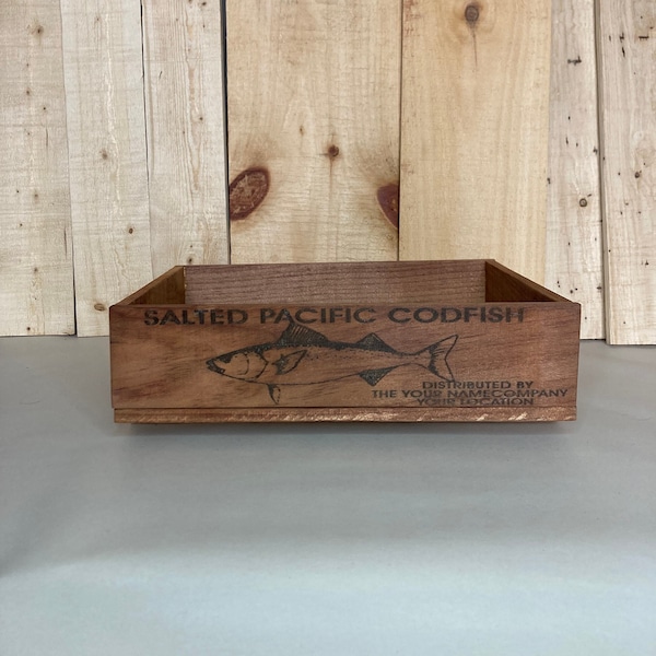 Codfish crate, personalized, wood box, seafood, fish, gift, laser engraved, pine lumber, antique inspired