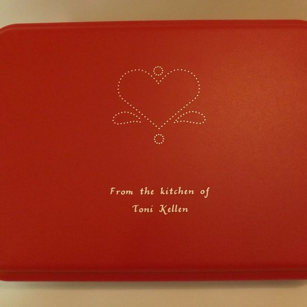 Personalized, Aluminum Cake Pan with colored lid and engraved design.