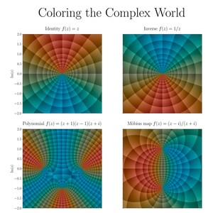 Puede incluir: Un gráfico que muestra seis funciones matemáticas, cada una con un degradado de color y un patrón únicos. El título "Coloring the Complex World" está en la parte superior. Las funciones incluyen Identidad, Inversa, Polinomio, Mapa de Möbius, Trigonométrica y Singularidad esencial.