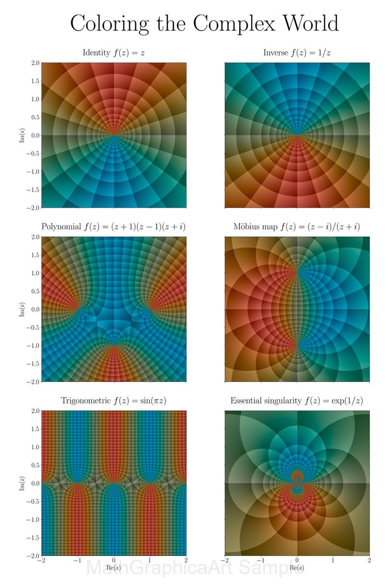 May include: An image displaying six mathematical functions, each with a distinct colour gradient and pattern. The title "Coloring the Complex World" is at the top. The functions include Identity, Inverse, Polynomial, M&ouml;bius map, Trigonometric, and Essential singularity.