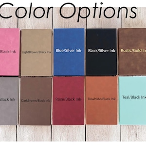May include: A collection of ten rectangular items in various colors, including pink, brown, blue, black, and teal. Each item has text indicating color and ink options, such as "Pink/Black Ink" and "Teal/Black Ink". The words "Color Options" are at the top.