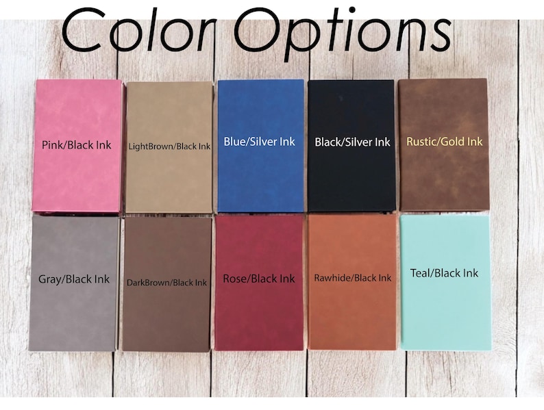 May include: A collection of ten rectangular items in various colors, including pink, brown, blue, black, and teal. Each item has text indicating color and ink options, such as "Pink/Black Ink" and "Teal/Black Ink". The words "Color Options" are at the top.