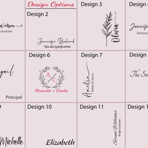May include: A grid of twelve design options with various text and graphic elements. Designs include names, company names, and initials in different fonts and styles. Some designs feature floral accents or decorative elements.