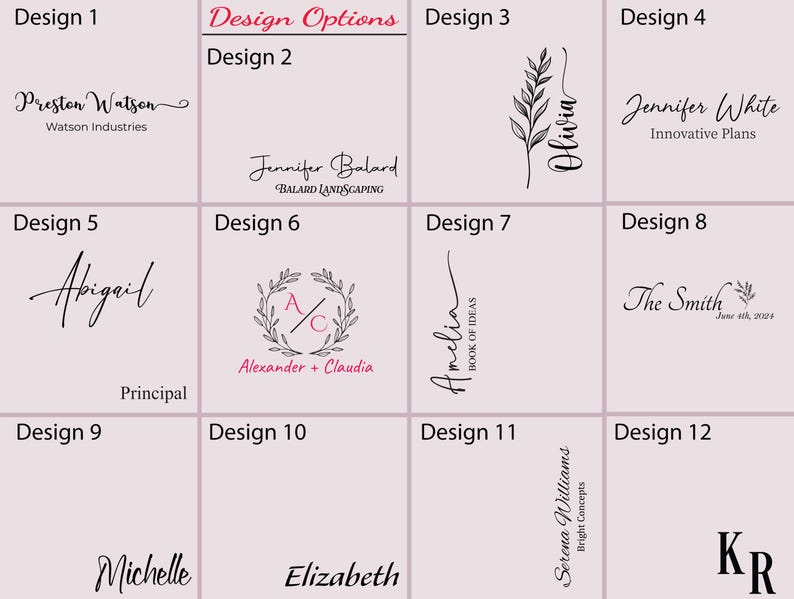 May include: A grid of twelve design options with various text and graphic elements. Designs include names, company names, and initials in different fonts and styles. Some designs feature floral accents or decorative elements.