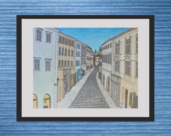 Prague Old Town Fine Art Print of a Colored Pencil Drawing: European City Art [Unframed]