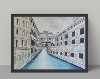 Bridge of Sighs Venice Art Print: Colored Pencil Drawing, Urban Wall Art (Unframed)