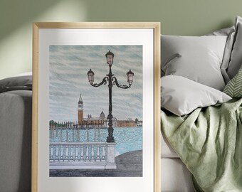 Venice Italy Fine Art Print of a Hand-Drawn Colored Pencil Drawing: European City Art [Unframed]
