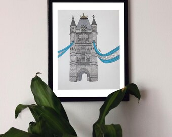 London Tower Bridge Art Print: Colored Pencil Drawing, Urban Wall Art (Unframed)