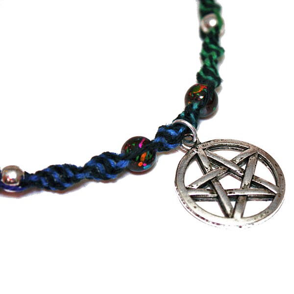 Pentacle Hemp Necklace: Silver Pentagram on Muted Rainbow and Black Hemp Necklace with Metal and Glass Beads