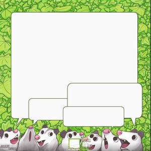 Peut inclure: Un cadre rectangulaire avec une bordure de feuilles de lierre vertes et six opossums illustrés en bas, chacun avec un nez rose et la bouche ouverte. Trois bulles blanches sont placées au centre. Le texte JACKALOPE EXPRESS est visible.