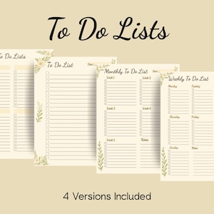 Op de afbeelding: Vier beige to-do lijst sjablonen met bloemaccenten en de tekst "To Do Lists". De sjablonen bevatten dagelijkse, wekelijkse en maandelijkse formaten. De tekst "4 Versions Included" staat onderaan.