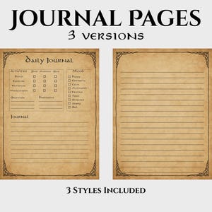 Może przedstawiać: Dwie strony dziennika z fakturą papieru w stylu vintage. Jedna strona to dziennik codzienny z sekcjami na aktywności, nastrój i miejsce do pisania. Druga strona jest w linie do pisania. Tekst "JOURNAL PAGES" i "3 VERSIONS" znajduje się na górze.