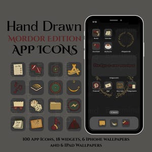 Pode incluir: Um ecrã de smartphone exibe ícones de aplicativos e widgets personalizados com o tema O Senhor dos Anéis. Os ícones são desenhados à mão em um estilo vintage, com o texto "Hand Drawn Mordor Edition App Icons". A imagem também inclui o texto "100 App Icons, 18 Widgets, 6 iPhone Wallpapers and 6 iPad Wallpapers."