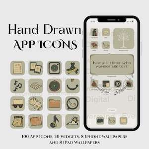 Può includere: Un prodotto digitale con icone di app, widget e sfondi disegnati a mano. L'immagine mostra uno smartphone con icone personalizzate e una citazione, insieme a una griglia di icone. Il testo recita "Hand Drawn APP ICONS" e "Not all those who wander are lost."
