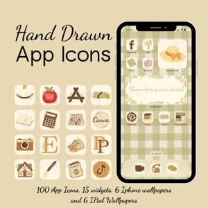 May include: Digital art design with hand-drawn app icons and widgets. The image shows a smartphone with a custom home screen featuring a gingham pattern. Text includes "Hand Drawn App Icons" and "Bloom where you are planted".