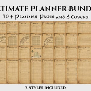 Peut inclure: Un ensemble Ultimate Planner avec plus de 40 pages de planificateur et 6 couvertures. L'image présente diverses pages de planificateur avec des titres tels que "Liste de cadeaux", "Suivi de l'humeur" et "Planificateur hebdomadaire". Le texte "3 Styles inclus" est également visible.