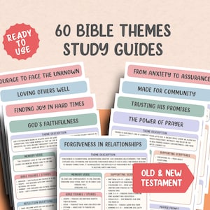May include: A collection of Bible study guides, each with a different theme such as "Loving Others Well" and "Trusting His Promises." The guides have colourful headers and detailed descriptions. The text "Ready to Use" is in a red circle.