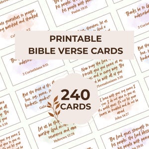 Puede incluir: Tarjetas imprimibles de versículos bíblicos con citas de las Escrituras. Las tarjetas tienen fondos blancos con detalles de acuarela y texto en diversas fuentes. La imagen incluye un gráfico que dice "240 tarjetas".