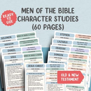 Könnte beinhalten: Eine Sammlung von Studienführern mit dem Titel "Men of the Bible Character Studies" mit einem roten "Ready to Use" Aufkleber. Die Führer zeigen Namen wie Salomo, Abraham und Daniel, mit Details zu ihren Rollen und Bedeutungen. Der Text "Old & New Testament" ist ebenfalls sichtbar.