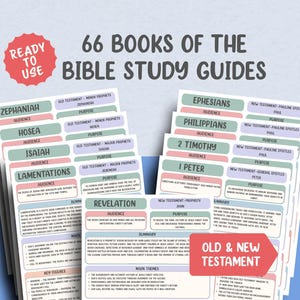 Peut inclure: Guides d'étude biblique avec le texte "66 Livres des Guides d'étude biblique". Les guides sont empilés, avec des titres tels qu'Éphésiens, Philippiens et Sophonie. Les guides ont une palette de couleurs rouge, rose, verte et violette.