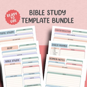 Puede incluir: Un conjunto de plantillas imprimibles para el estudio de la Biblia con varios diseños para el estudio de temas, la reflexión de capítulos, la oración diaria y las notas del sermón. Las plantillas presentan bloques de color pastel y secciones etiquetadas.