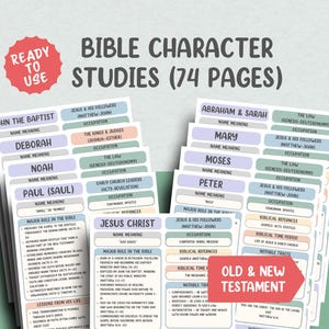 Könnte beinhalten: Ein Stapel Bibel-Charakter-Studiokarten mit Namen wie Johannes der Täufer, Debora und Jesus Christus. Die Karten haben pastellfarbene Akzente und enthalten Informationen zu Namensbedeutungen, Berufen und Hauptrollen. Der Text "Bible Character Studies (74 Pages)" wird angezeigt.