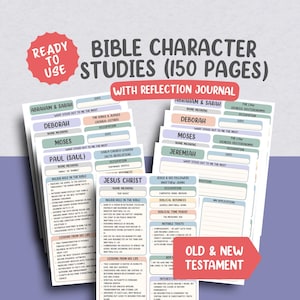 May include: Bible character study guides with reflection journal. The guides feature sections on Abraham & Sarah, Deborah, Moses, Paul, and Jesus Christ. The guides are labeled "Ready to Use" and include the text "Old & New Testament".
