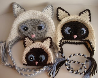 Crochet Pattern for Siamese Cat Hat (earflap W/braids or Beanie
