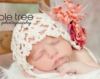 Crochet Pattern for Fleurette Baby Bonnet Hat | 4 sizes | Crochet Baby Hat Pattern | DIY Tutorial | Baby Bonnet Crocheting Pattern