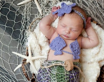 Set of  3 Crochet Patterns for Mermaid Tail, Headband, and Shell Bikini Top Photography Props | DIY Tutorial | Baby Props Crocheting Pattern
