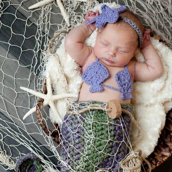 Set of  3 Crochet Patterns for Mermaid Tail, Headband, and Shell Bikini Top Photography Props | DIY Tutorial | Baby Props Crocheting Pattern