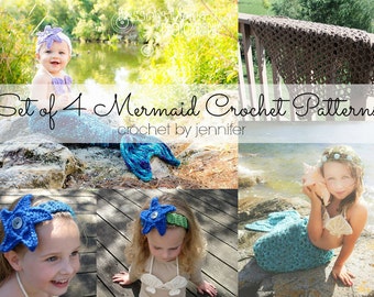 Set of 4 Crochet Patterns - Mermaid Tail, Headband, Bikini Top, Fishing Net Blanket Photography Props  | DIY Crochet Photo Prop Patterns