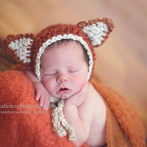 Crochet Pattern for Woodland Fox or Bear Baby Bonnet 5 sizes Crochet Baby Hat Pattern DIY Tutorial Baby Bonnet Crocheting Pattern image 1