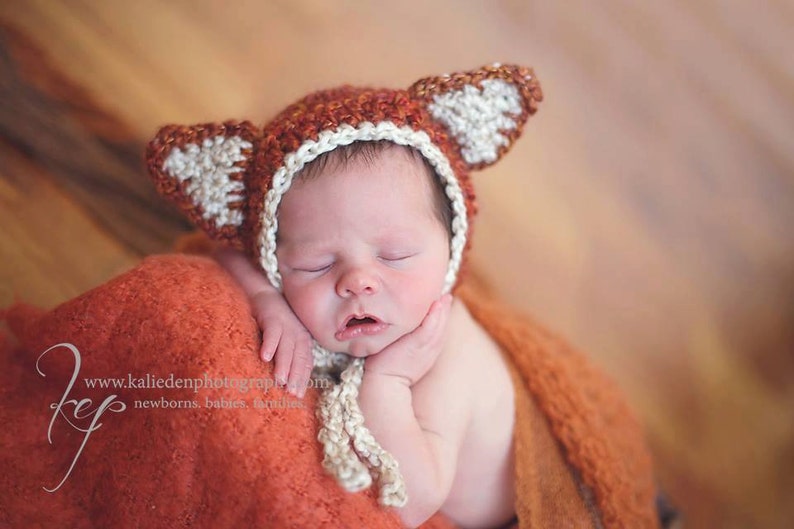 Crochet Pattern for Woodland Fox or Bear Baby Bonnet 5 sizes Crochet Baby Hat Pattern DIY Tutorial Baby Bonnet Crocheting Pattern image 1