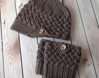 Set of 2 Crochet Patterns for Diagonal Weave Beanie or Newsboy and Boot Cuffs | Crochet Hat Pattern | DIY Tutorial | Hat Crocheting Pattern