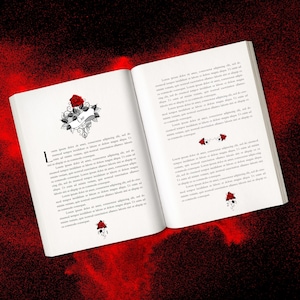 Könnte beinhalten: Ein offenes Buch mit weißen Seiten, das dekorative Illustrationen von Rosen und Text zeigt. Der Einband und die Seiten haben einen rot-schwarzen Hintergrund. Die Illustrationen zeigen eine rote Rose mit einem Banner mit der Aufschrift "One".