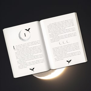 Puede incluir: Un libro abierto con temática fantástica. La página izquierda presenta un gráfico de luna con el número 1 y una silueta de dragón. La página derecha tiene tres gráficos de media luna y una silueta de dragón. El texto llena las páginas.