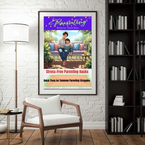 May include: A framed book cover titled "Parenting" with the subtitle "Stress-Free Parenting Hacks." The cover art depicts a parent and child reading on a porch swing. The text "Quick Fixes for Common Parenting Struggles" is also visible.