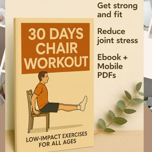 May include: A book cover with the title "30 DAYS CHAIR WORKOUT" in large orange letters. The cover features an illustration of a person exercising in a chair. Text on the cover includes "Low-Impact Exercises For All Ages", "Get strong and fit", and "Reduce joint stress".