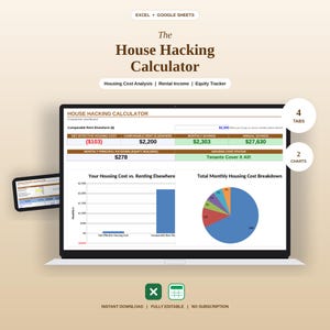 Op de afbeelding: Een digitaal House Hacking Calculator rekenblad voor Excel en Google Sheets weergegeven op een laptopscherm. Het dashboard bevat een vergelijkingstabel, een staafdiagram en een cirkeldiagram voor de analyse van woonkosten.