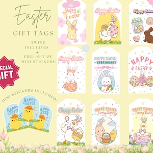 May include: A collection of Easter gift tags with various designs, including bunnies, chicks, and decorated eggs. The tags feature the words "Happy Easter" and "Easter Gift Tags". Includes mini stickers and twine.