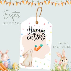 May include: Easter gift tags with a watercolor design. The tags feature a bunny, carrots, and the words "Happy Easter." The tags are white with a twine string. The image also includes the text "Twine Included!"