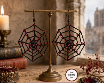 Haakpatroon (PDF): Oorbellen met zwart spinnenweb en rode kralen, Halloween herfst magische sieraden tutorial